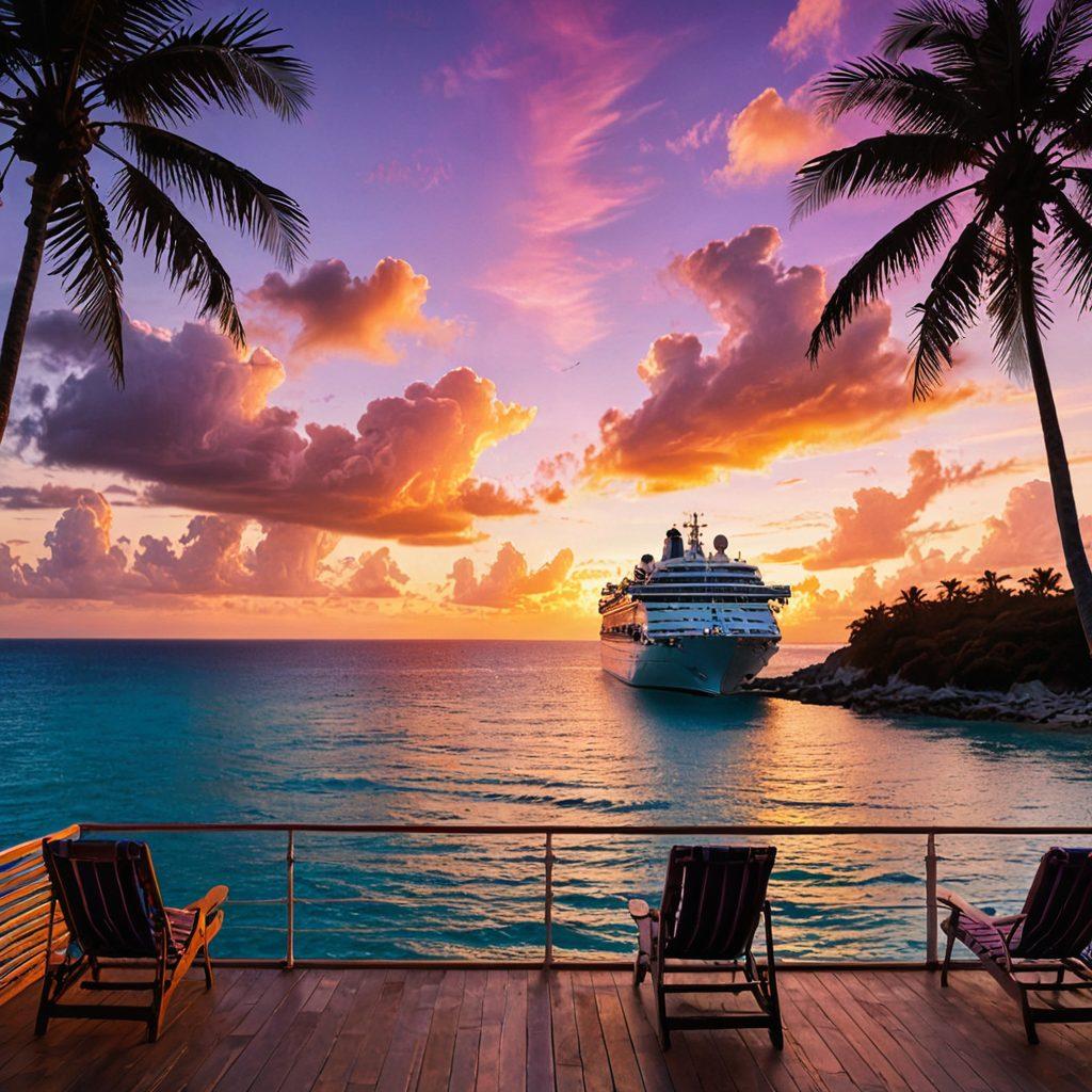 A romantic cruise ship sailing through a vibrant sunset over calm turquoise waters, with a couple embracing on the deck while a lifebuoy with the text 'Love Insurance' hangs nearby. In the background, a distant island is visible, dotted with palm trees and a heart-shaped formation of clouds. The scene radiates warmth and adventure, evoking a sense of love and security at sea. super-realistic. vibrant colors. cinematic perspective.