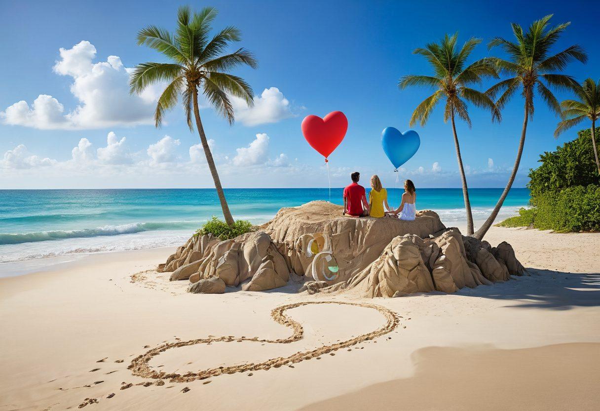 A serene beach setting with a cozy couple holding hands, surrounded by tropical palm trees, soft waves lapping at their feet, and a heart-shaped sandcastle in the foreground. Above them, a clear blue sky filled with fluffy white clouds, symbolizing peace and protection. Include subtle visual elements like a floating heart-shaped balloon and a suitcase with travel stickers. vibrant colors. super-realistic. idyllic atmosphere.