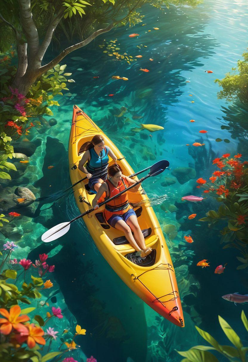 A couple in a colorful kayak navigating through crystal-clear waters, surrounded by lush greenery and vibrant flowers, holding hands and smiling as they enjoy their romantic adventure. Soft sunlight filters through the trees, creating a warm atmosphere. Include playful fish swimming below the surface to enhance the sense of exploration. vibrant colors. 3D. super-realistic.